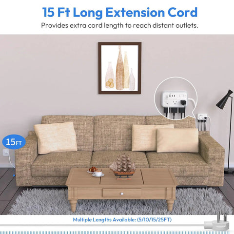 15 Ft Extension Cord With Flat Plug 6 Outlet Power Strip With 4 USB Ports 2 USB C Indoor Use For Home Office Dorms Long Cord Reaches Distant Outlets 45 Degree Plug Keeps Bottom Receptacles Free, 15 ft cord shown in living room