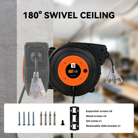 Retractable Extension Cord Reel With 45 Ft Heavy Duty 12 AWG 3C SJTOW Cord 15 Amp Circuit Breaker Ceiling Wall Mount UL Listed