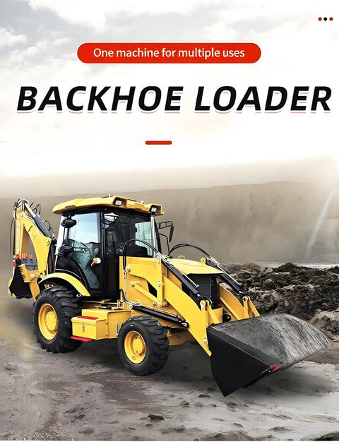 Compact Four Wheel Drive Backhoe Loader Tractor Mounted Digger With Versatile Attachments shown on construction site