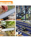 Image showing widely used chains, including chainsaw chain, bicycle chain, oil saw chain, and conveyor chain, highlighting the 2 In 1 Chainsaw Chain Breaker And Rivet Spinner Kit For Home Shop Benchtop Repair With DIY Ready Manual Chain Breaker And Spinner Plus 3 Quenching Drill Bits 3 Anvils And 2 Hex Wrenches.
