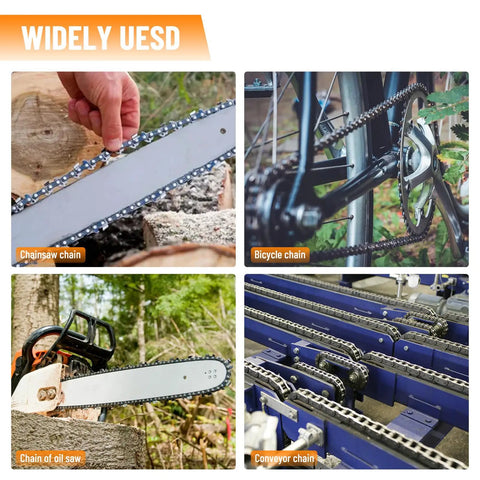 Image showing widely used chains, including chainsaw chain, bicycle chain, oil saw chain, and conveyor chain, highlighting the 2 In 1 Chainsaw Chain Breaker And Rivet Spinner Kit For Home Shop Benchtop Repair With DIY Ready Manual Chain Breaker And Spinner Plus 3 Quenching Drill Bits 3 Anvils And 2 Hex Wrenches.