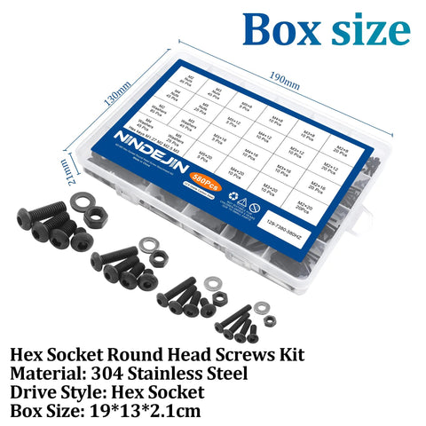580 Piece Hex Socket Cap Screws Set With Nuts And Flat Washers, M2 M3 M4 M5 Sizes, 304 Stainless Steel in labeled case
