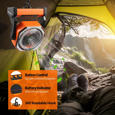 All Day Camping Fan With 20000mAh Battery, 58 Hour Run Time, Rechargeable Portable Fan And 400 Lumens Light hanging inside a tent