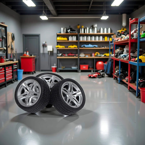 Four Piece 48MM Rubber Toy Car Wheel Set For RC Models in a garage, showing dope black simulation wheels with snap installation