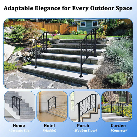 Super Tight Grip Outdoor Handrails For Steps And Indoor Stair Railing Kit Black Iron Guard on outdoor stone stairs with floral landscape.