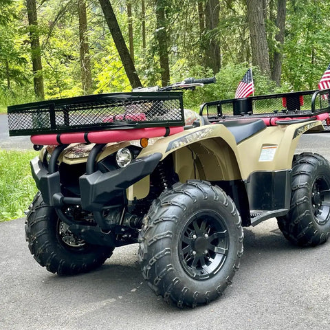Heavy Duty ATV Front Cargo Basket With Mounting Kit 36 Inch Long 17 Inch Wide 6 Inch High Steel Mesh Rack in use on ATV