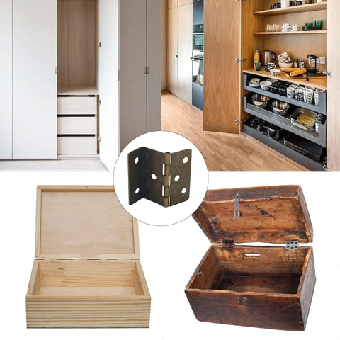 Snazzy Antique Bronze Three Folding Hinges 43mm Wide 2Pcs Decorative Cabinet Door Hardware For Vintage Chests Furniture shown with wooden boxes.