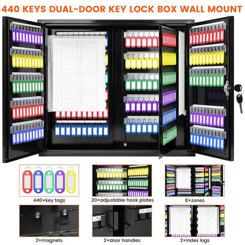 440 Key Lock Box With Wall Mount And Dual Doors Beefy Heavy Duty Steel Key Cabinet showing open doors, hooks, and keys.