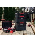 TradeStack System Tool Box with Water Resistant Construction, 21 Inch heavy-duty, stacked on wooden deck with open compartments.