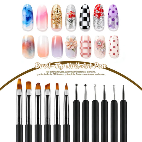 Gel Polish Nail Art Brushes and Dotting Tools Kit with Double Ended Pens and Liner Brushes for detailed nail design display