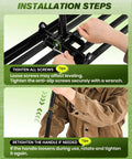 Installation steps for Lawn Leveling Rake 30 Inch Wide Plate showing screw tightening and handle retightening process.