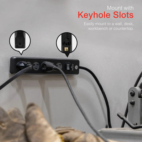 Six Outlet Surge Protector With Ten Foot Extension Cord For A Simple No Fuss Power Strip Setup And 800 Joules Of Surge Protection Twist To Close Safety Covers Protected Indicator Light ETL Listed Black mounted on wall