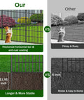 Comparison of Tall 40 Inch High Outdoor Decorative Garden Fence With Gate, showing thickened horizontal bars and rustproof coating versus flimsy fence.