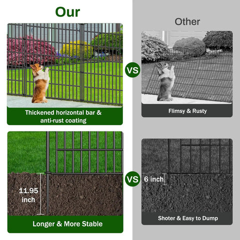 Comparison of Tall 40 Inch High Outdoor Decorative Garden Fence With Gate, showing thickened horizontal bars and rustproof coating versus flimsy fence.