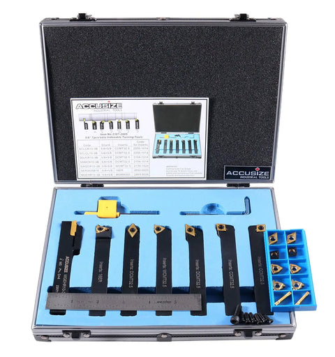 Five Eighths Inch Shank 7 Piece Indexable Turning Tool Set With Extra Inserts TiN Coated C6 Carbide For Steel Includes MGMN300, 16ER, WCMT32.5, CCMT32.5, DCMT3 Inserts And 10 Extra Inserts in case