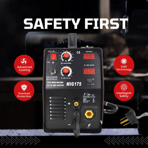 MIG Welder 175A With Aluminum Spool Gun For Quick Start featuring safety features, controls and red safety indicators.
