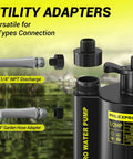 Utility adapters for Next Level Half Horsepower Submersible Water Pump, showing 1-1/4" NPT and 3/4" garden hose connections.