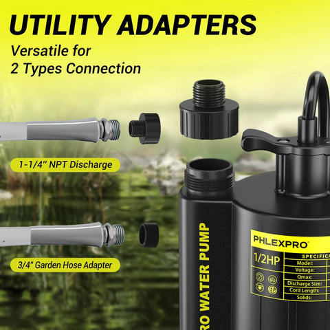 Utility adapters for Next Level Half Horsepower Submersible Water Pump, showing 1-1/4" NPT and 3/4" garden hose connections.