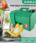 Heavy Duty Eight Gallon Portable Eyewash Station Osha Approved Wall Mount Eye Wash Irrigation Kit For Job Sites with yellow nozzles.