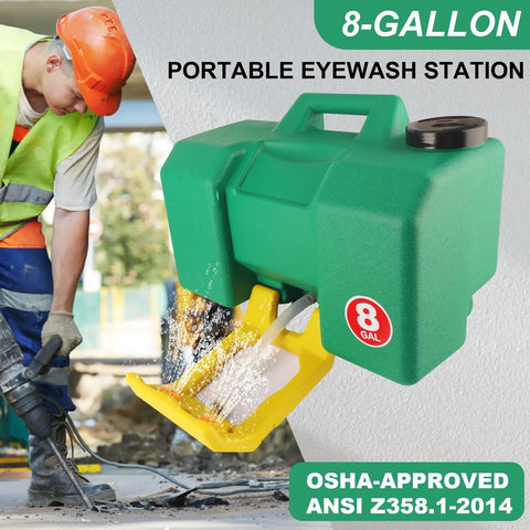 Heavy Duty Eight Gallon Portable Eyewash Station Osha Approved Wall Mount Eye Wash Irrigation Kit For Job Sites with yellow nozzles.