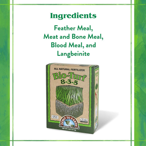 Box of Bio Turf All Natural Lawn Fertilizer For Grass And Ornamentals, 8-3-5 NPK Granular Formula, displayed upright.