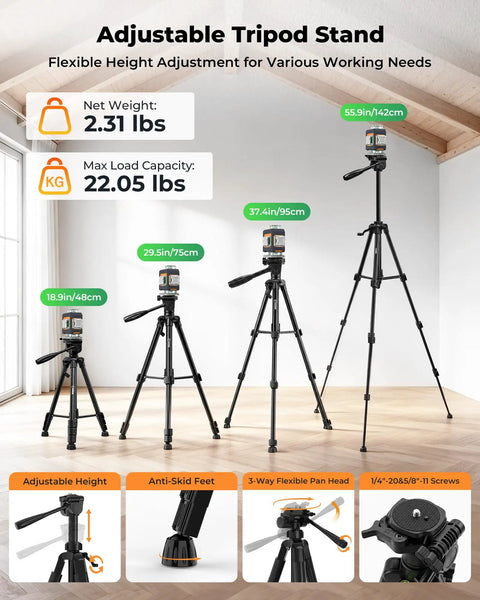 360 Degree Laser Level Self Leveling Kit With 56 Inch Tripod For Construction And Tile, Dual 360 Degree Horizontal And Vertical Planes, 16 Laser Lines Deliver Full Room Coverage, Pro Grade Accuracy One Sixteenth Inch At Sixteen Feet. Adjustable black tripod set from 18.9 to 55.9 in for laser level