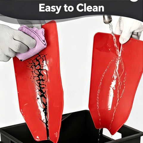 Flex Silicone Oil Drain Funnel Kit With Bendable Guide Plates For Car And Truck Fluids Lets You Change Motor Oil Without Splashes Or Messy Cleanup Super Easy To Use And Clean red silicone funnel being wiped and rinsed under water