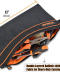 4 Pack Small Tool Pouches Set with Clips showing open 13-inch pouch with tools inside, heavy-duty 1680D fabric, DIY use