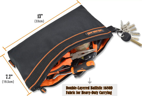 4 Pack Small Tool Pouches Set with Clips showing open 13-inch pouch with tools inside, heavy-duty 1680D fabric, DIY use