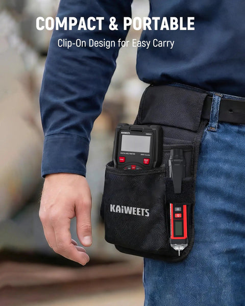 Person holding a tool pouch with a non-contact voltage tester pen with LCD display and other tools visible
