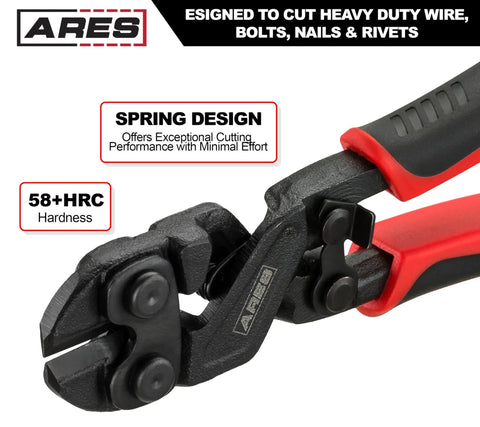 Close-up of 8 Inch Mini Bolt Cutter With Chrome Moly Steel Construction And Induction Hardened Blades For Heavy Duty Wire Bolt Nail And Rivet Cutting Built To Be A Beast For Pro Trades And DIY Projects Ready To Tackle Tough Jobs, showing black and red ergonomic handles.