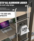 Lightweight Aluminum RV Bunk Ladder With 4 Steps, 3 Fixed Height Settings (59.5, 60.5, 61.5 Inches), Anti-Slip Rungs For Safety, Easy Pre-Assembled Install, Perfect For Bunk Beds, Campers, Dorms, And Kids Rooms. 4-step aluminum ladder mounted on bunk bed with 250 lb capacity.