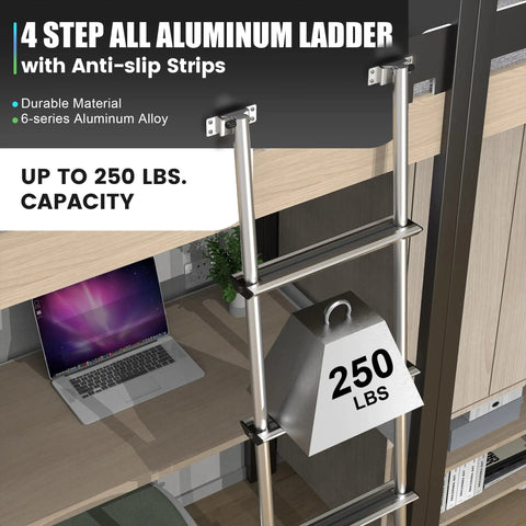 Lightweight Aluminum RV Bunk Ladder With 4 Steps, 3 Fixed Height Settings (59.5, 60.5, 61.5 Inches), Anti-Slip Rungs For Safety, Easy Pre-Assembled Install, Perfect For Bunk Beds, Campers, Dorms, And Kids Rooms. 4-step aluminum ladder mounted on bunk bed with 250 lb capacity.
