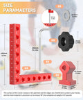 4 Pack Aluminum Corner Clamps For Woodworking Wingman Gear, size parameters with red CNC-machined components and dimensions