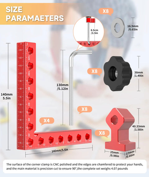 4 Pack Aluminum Corner Clamps For Woodworking Wingman Gear, size parameters with red CNC-machined components and dimensions