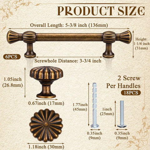 Vintage Zinc Alloy Cabinet Hardware Kit With Six Round Floral Knobs And Six Fluted Bar Pulls product size dimensions chart
