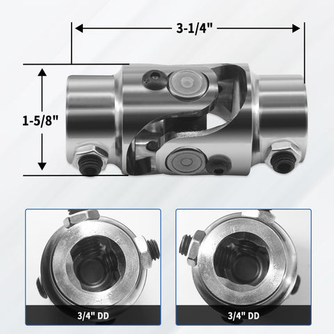 Diagram of Three Quarter DD To Three Quarter DD Steering Shaft Universal U Joint Coupling In Chrome Steel Powder Coated Single Steering Shaft Joint With Three And A Quarter Inch Length And One And Five Eighths Inch Outer Diameter 35 Degree Max Angle 4000 RPM
