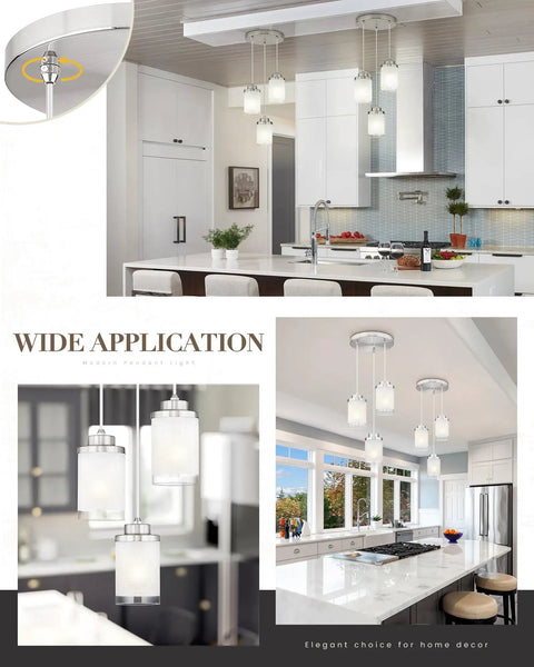 Brushed Nickel Modern Pendant Light For Kitchen Island Set Of 2 With Adjustable Height in a contemporary kitchen setting.