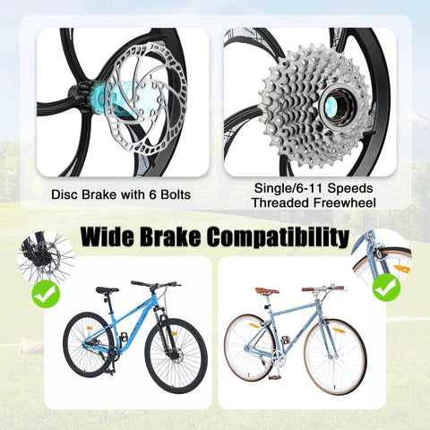 20 Inch Magnesium Alloy One Piece Wheel Set With Five Spoke Rim, Disc Brake Hub And Freewheel, Quick Release Axles