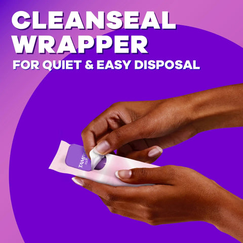 Hands holding Radiant Tampons For Women Multipack With LeakGuard Braid, Unscented, showing CleanSeal wrapper for easy disposal.
