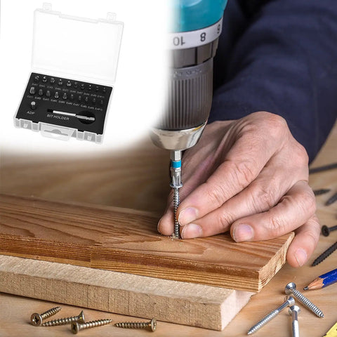 Person using drill with Stripped Screw Extraction Kit 22 Pc For Broken And Damaged Screws With Magnetic Extension Bit Holder.