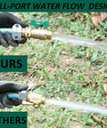 Comparison of Heavy Duty Brass Garden Hose Shut Off Valve With Full Flow Bore and another valve showing water output on grass