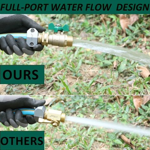 Comparison of Heavy Duty Brass Garden Hose Shut Off Valve With Full Flow Bore and another valve showing water output on grass