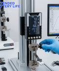 Six Way Testing Kit Digital 1000N Force Gauge With USB C Data Output N Kg Lb Units Push Pull Gauge For Tension And Compression Testing Battery Powered Includes Four Compression Platters Tension Hook And Extension Shaft, mounted on test stand