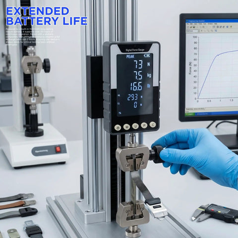 Six Way Testing Kit Digital 1000N Force Gauge With USB C Data Output N Kg Lb Units Push Pull Gauge For Tension And Compression Testing Battery Powered Includes Four Compression Platters Tension Hook And Extension Shaft, mounted on test stand