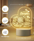 Heart-shaped acrylic USB night light with floral and heartfelt sayings from mom to daughter, measures 5.5in/14cm high.