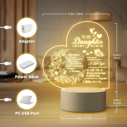 Heart-shaped acrylic USB night light with floral and heartfelt sayings from mom to daughter, measures 5.5in/14cm high.