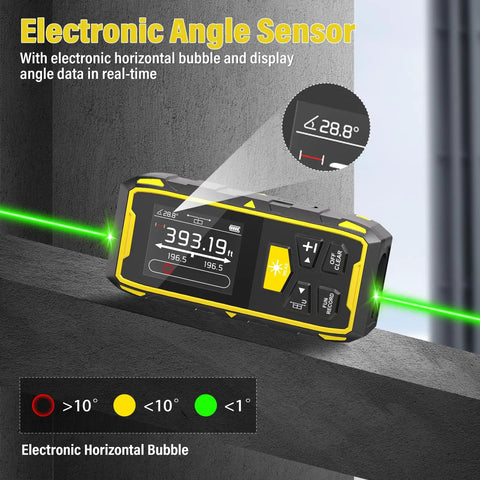 Dual Laser Measuring Tool With Green Bilateral Laser, 393ft Range, Rechargeable Digital Laser Measure, Backlit LCD Display, Angle Sensor, Six Unit Modes, Multiple Measurement Functions For Fast, Accurate Distances. on angled surface