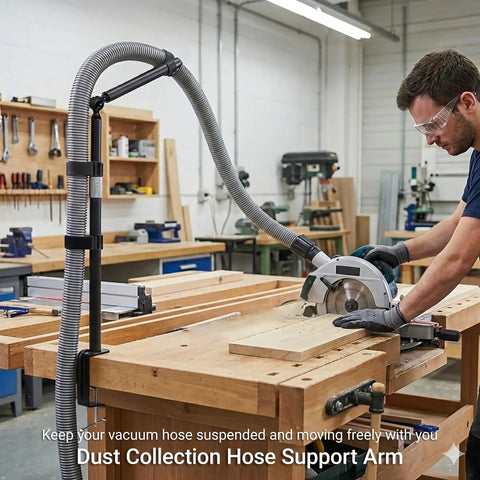 Tool Free Clamp On Dust Collection Boom Arm And Vacuum Hose Mount For Desktop CNC Machines, Table Saws with adjustable height hose attached