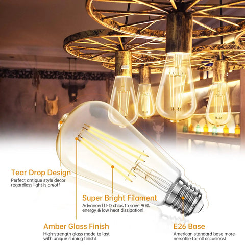 Dimmable LED Edison Bulbs 8W, 60W Equivalent, E26 Filament Vintage Look with amber glass and super bright filament